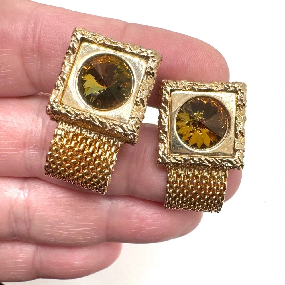 Vintage Watermelon Rivoli Wraparound Cufflinks Textured Square Goldtone Mesh